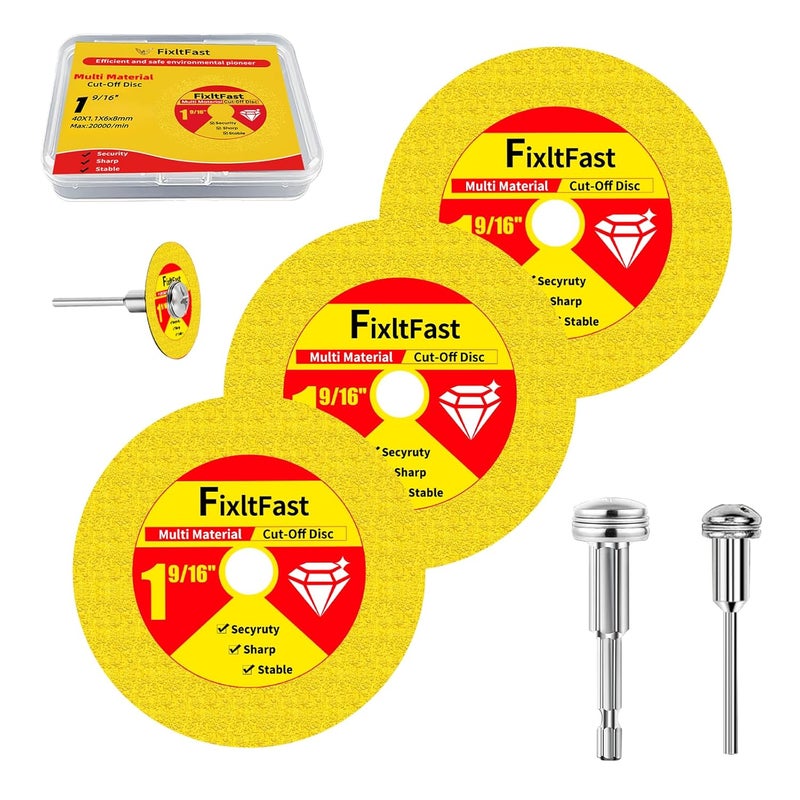 Fix It Fast 1 9/16 Inch Indestructible Multi-Material Cut Off Disc,40mm Diamond Cutting Wheels for Rotary Tool,with 1/4"&1/8" Round Mandrels - 3 Pack - Image 1